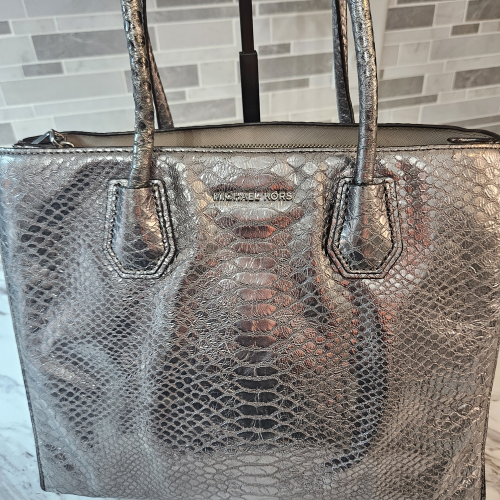 Michael Kors Metallic Silver Snake-Embossed Tote Bag